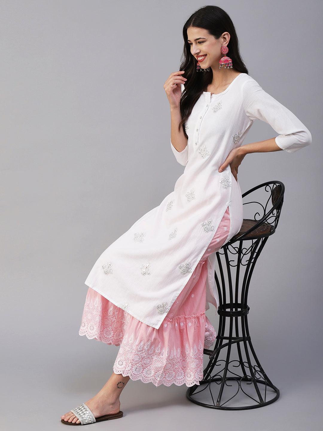 Solid Mirror, Resham & Zari Embroidered Kurta - White - Indiakreations