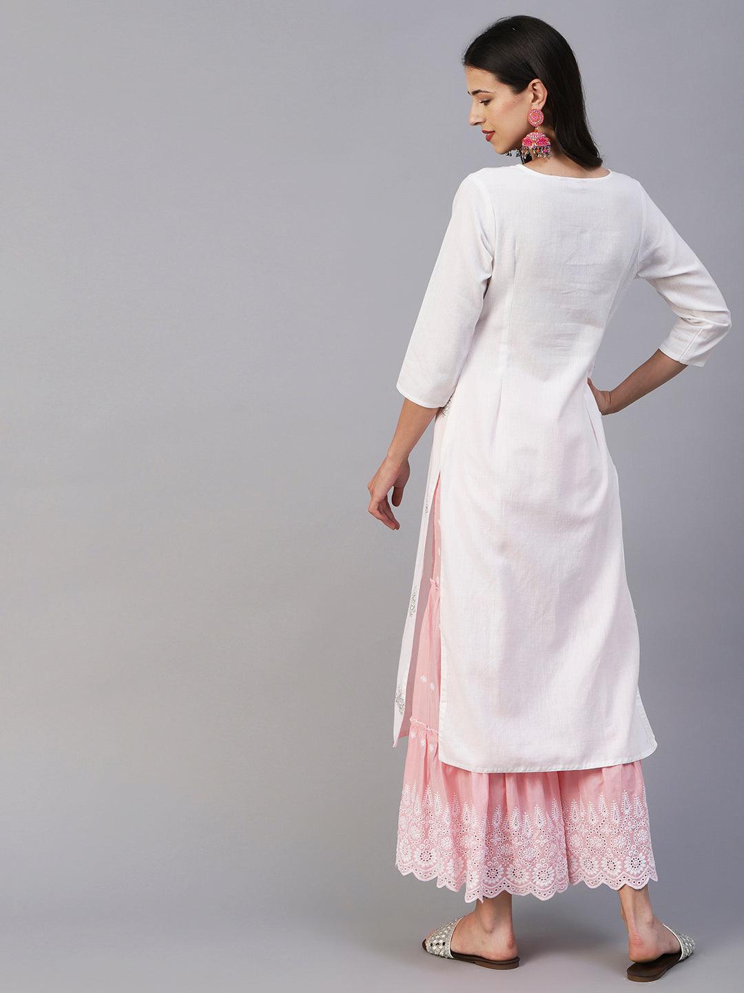 Solid Mirror, Resham & Zari Embroidered Kurta - White - Indiakreations