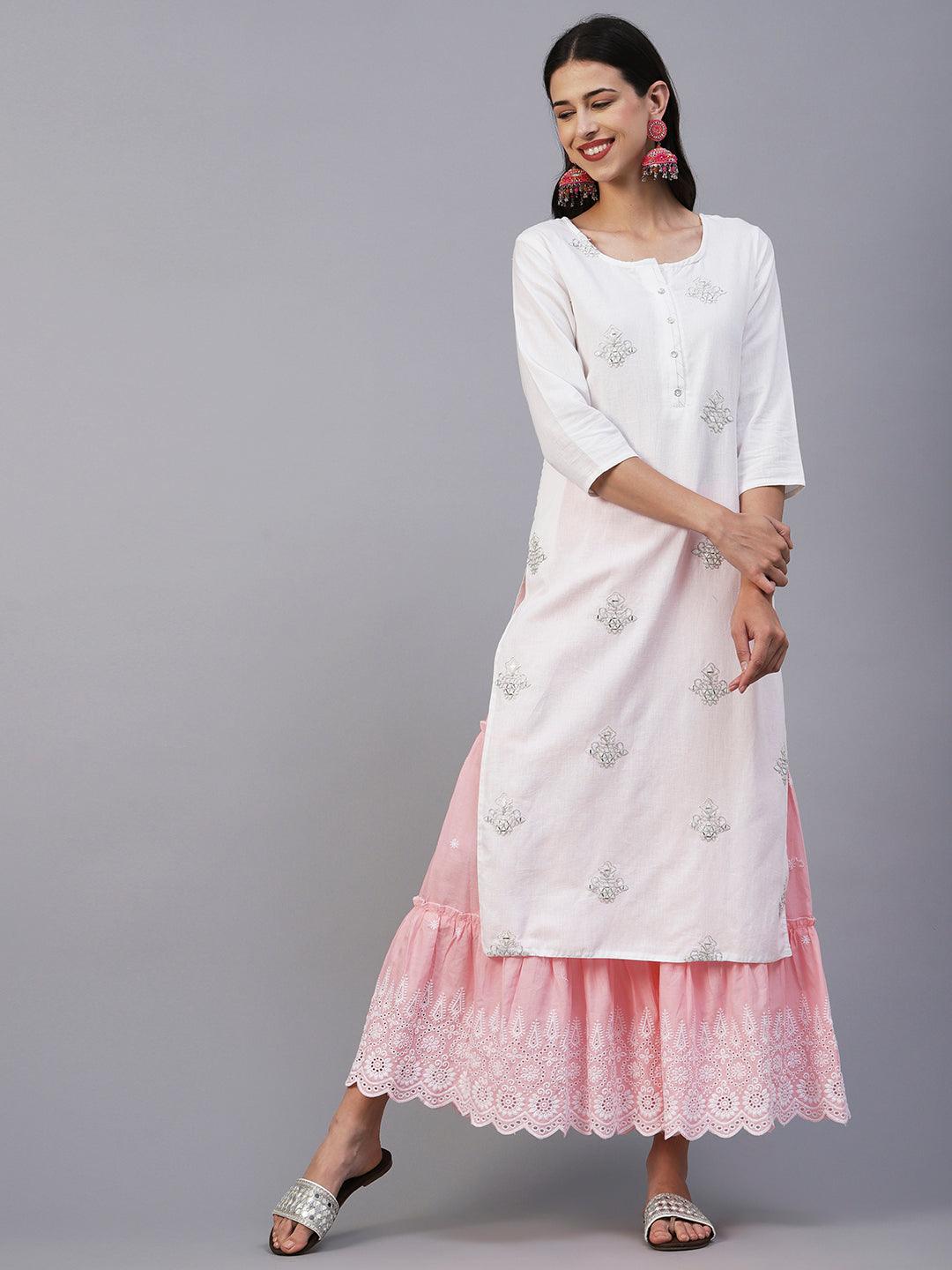 Solid Mirror, Resham & Zari Embroidered Kurta - White - Indiakreations