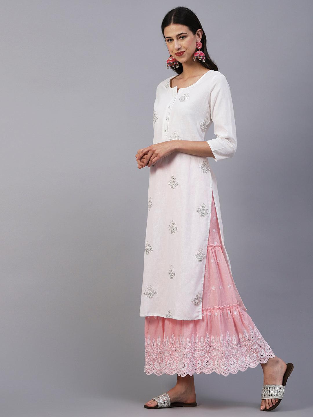 Solid Mirror, Resham & Zari Embroidered Kurta - White - Indiakreations