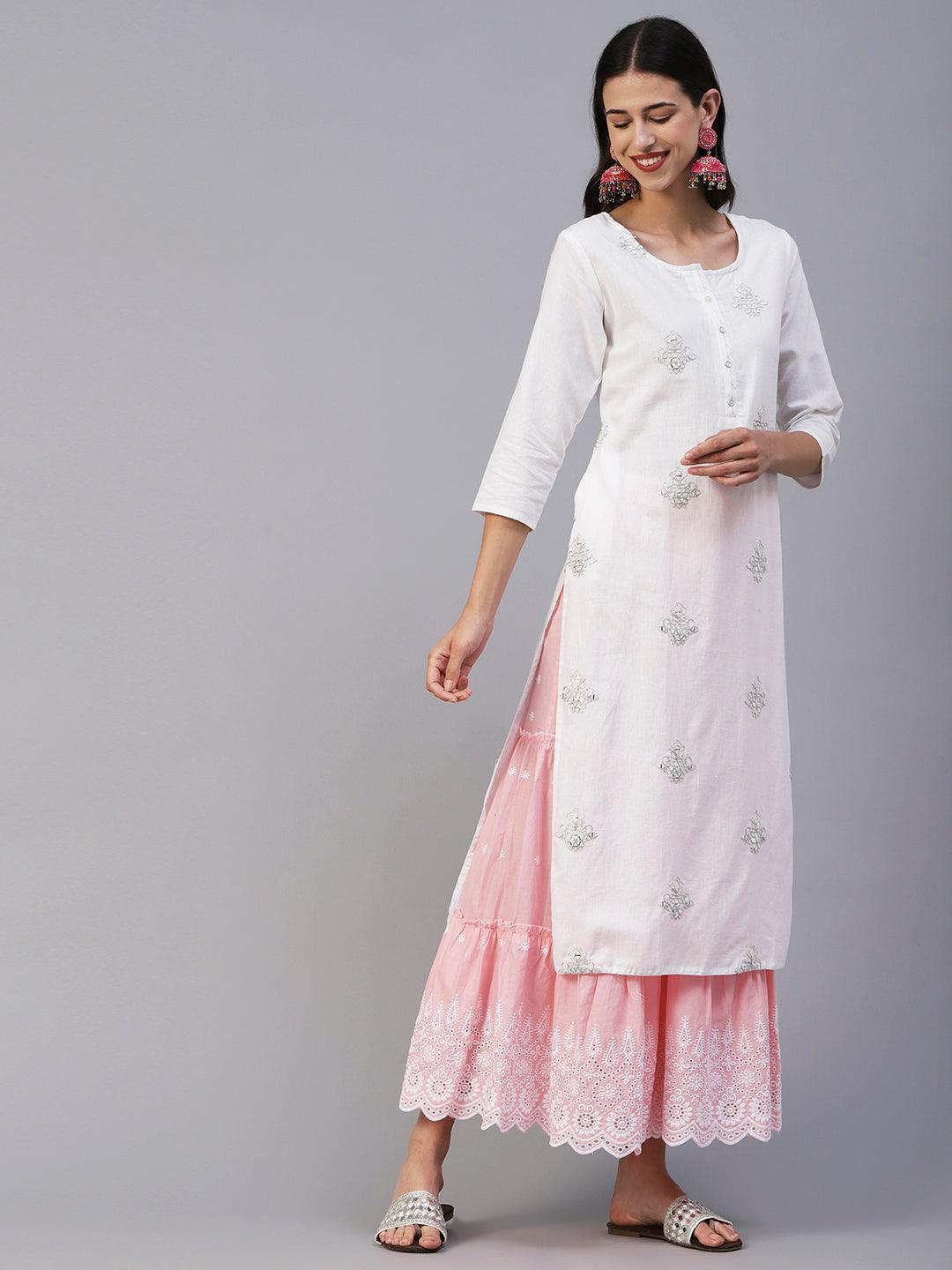 Solid Mirror, Resham & Zari Embroidered Kurta - White - Indiakreations