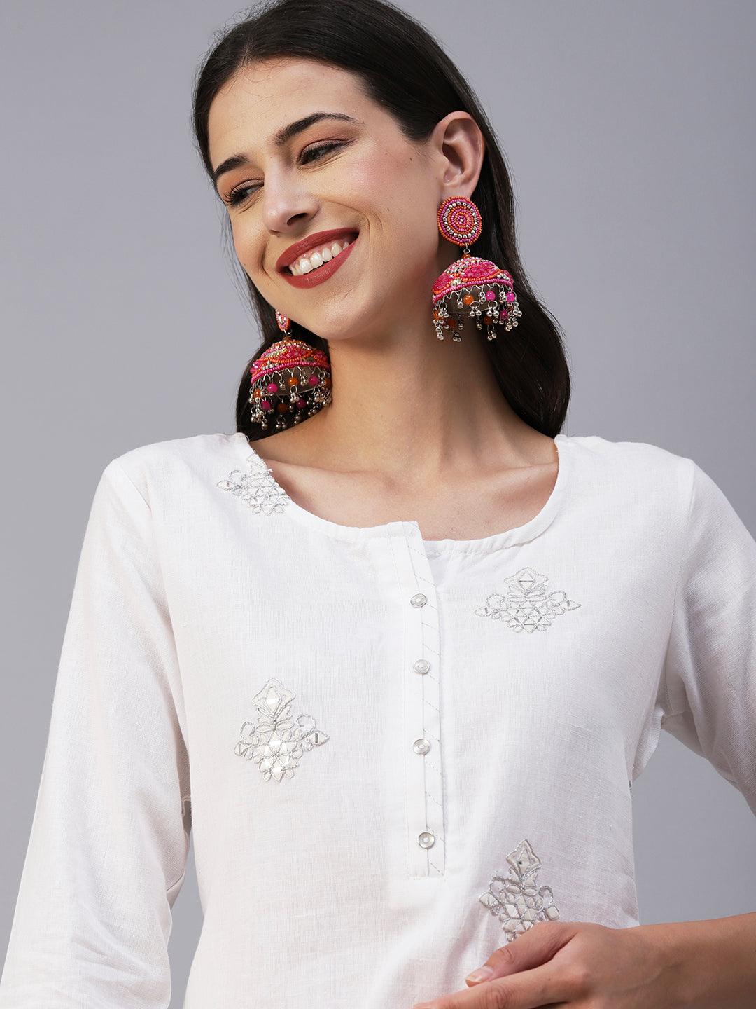 Solid Mirror, Resham & Zari Embroidered Kurta - White - Indiakreations