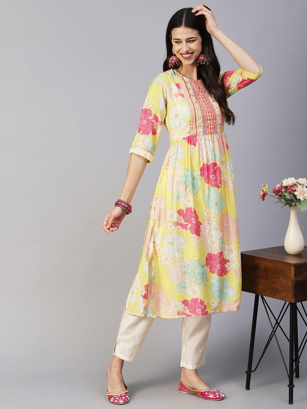 Floral Printed Lurex Striped Mirror & Zari Embroidered Kurta With Pants - Yellow & Multi - Indiakreations