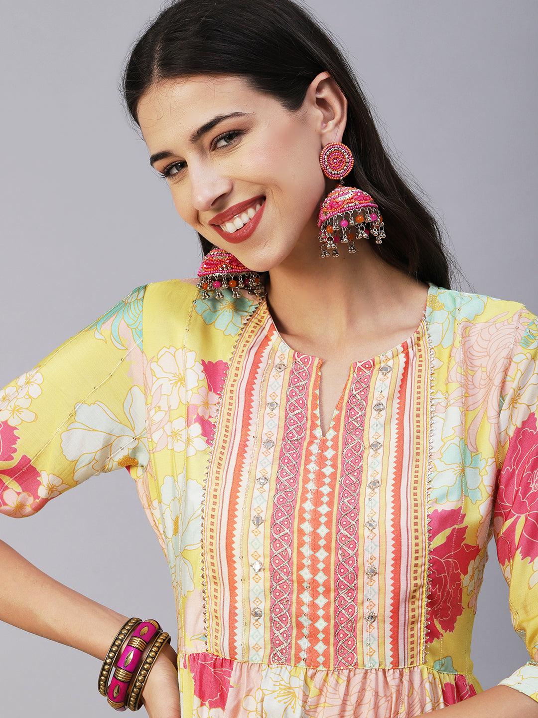 Floral Printed Lurex Striped Mirror & Zari Embroidered Kurta With Pants - Yellow & Multi - Indiakreations