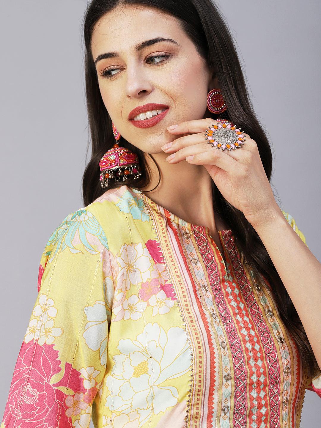 Floral Printed Lurex Striped Mirror & Zari Embroidered Kurta With Pants - Yellow & Multi - Indiakreations