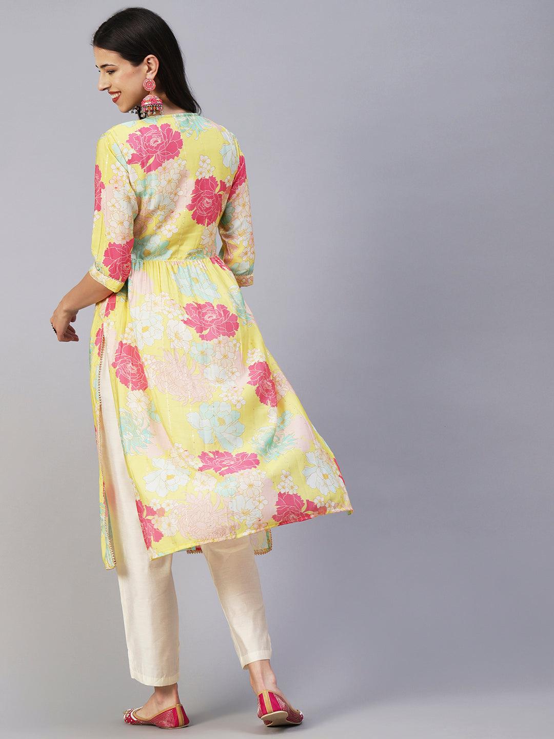 Floral Printed Lurex Striped Mirror & Zari Embroidered Kurta With Pants - Yellow & Multi - Indiakreations