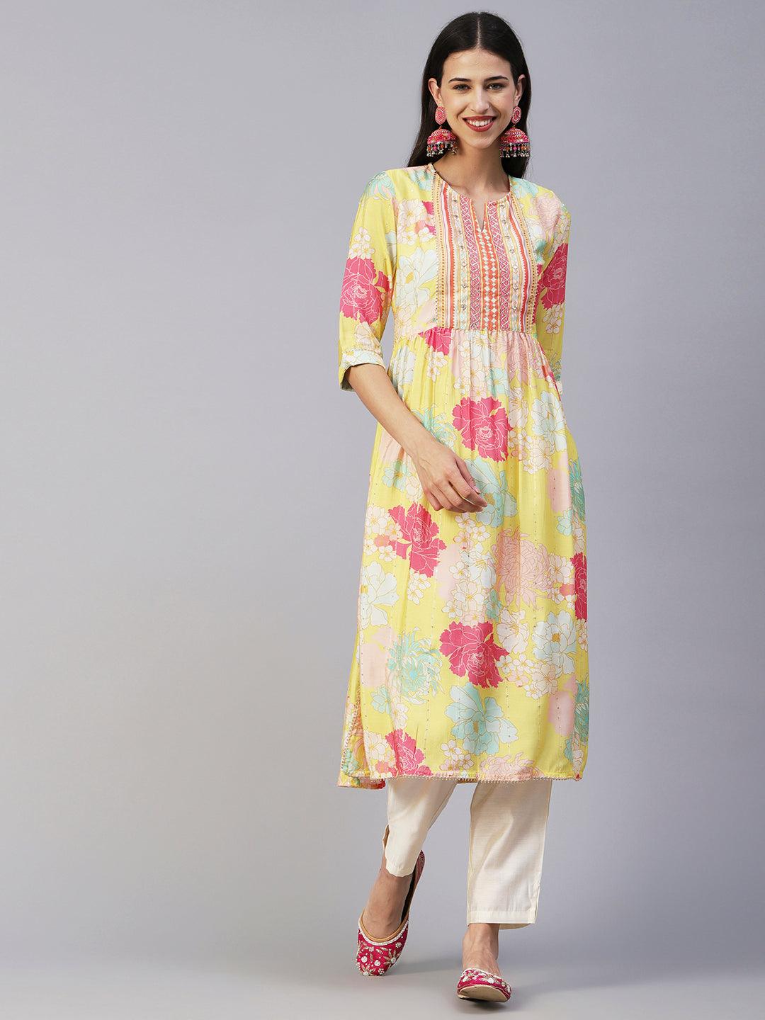 Floral Printed Lurex Striped Mirror & Zari Embroidered Kurta With Pants - Yellow & Multi - Indiakreations