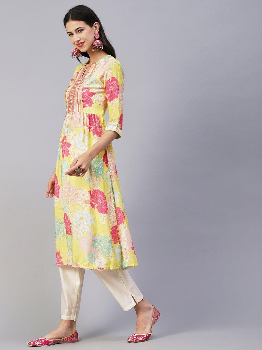 Floral Printed Lurex Striped Mirror & Zari Embroidered Kurta With Pants - Yellow & Multi - Indiakreations