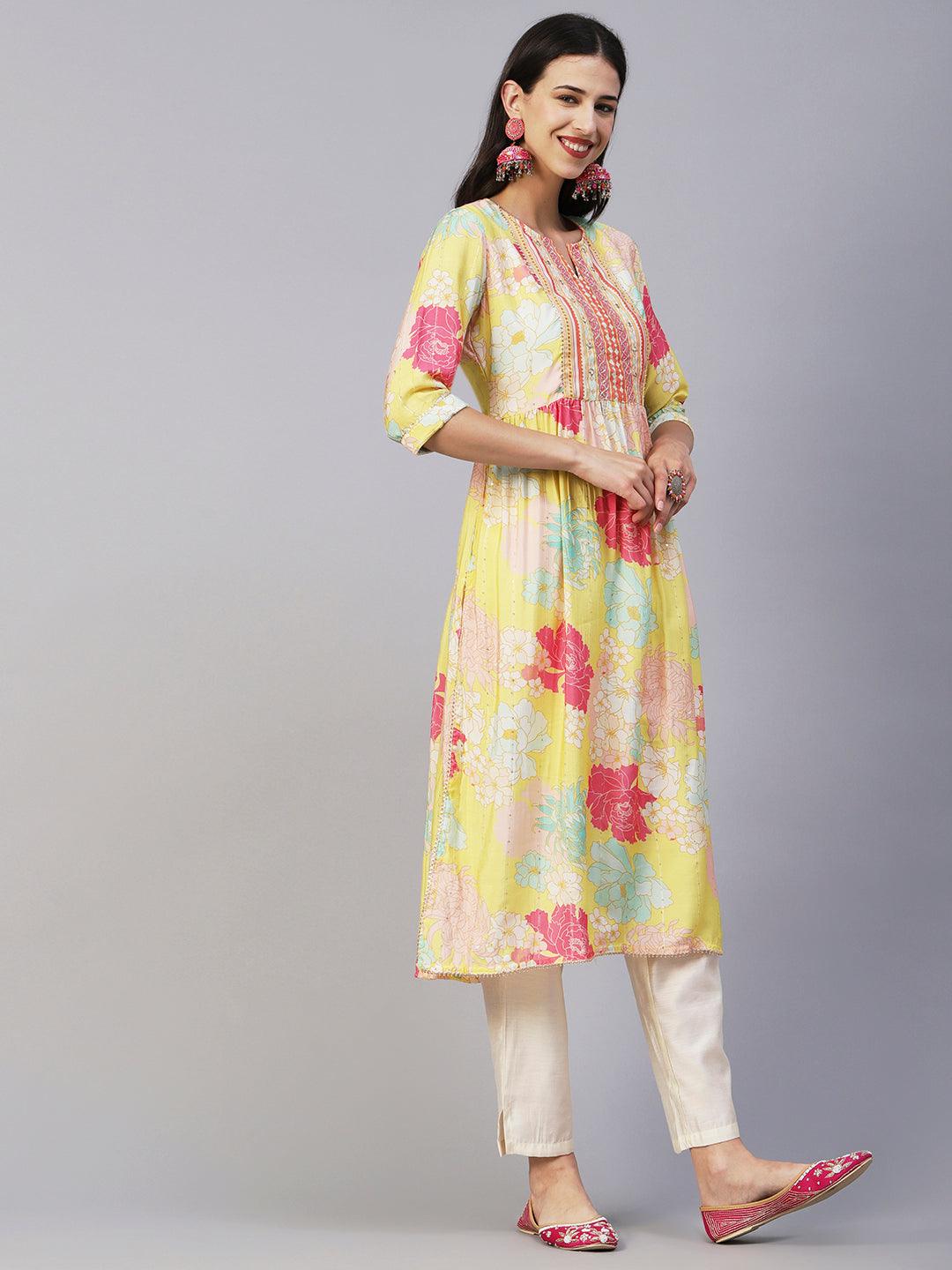 Floral Printed Lurex Striped Mirror & Zari Embroidered Kurta With Pants - Yellow & Multi - Indiakreations