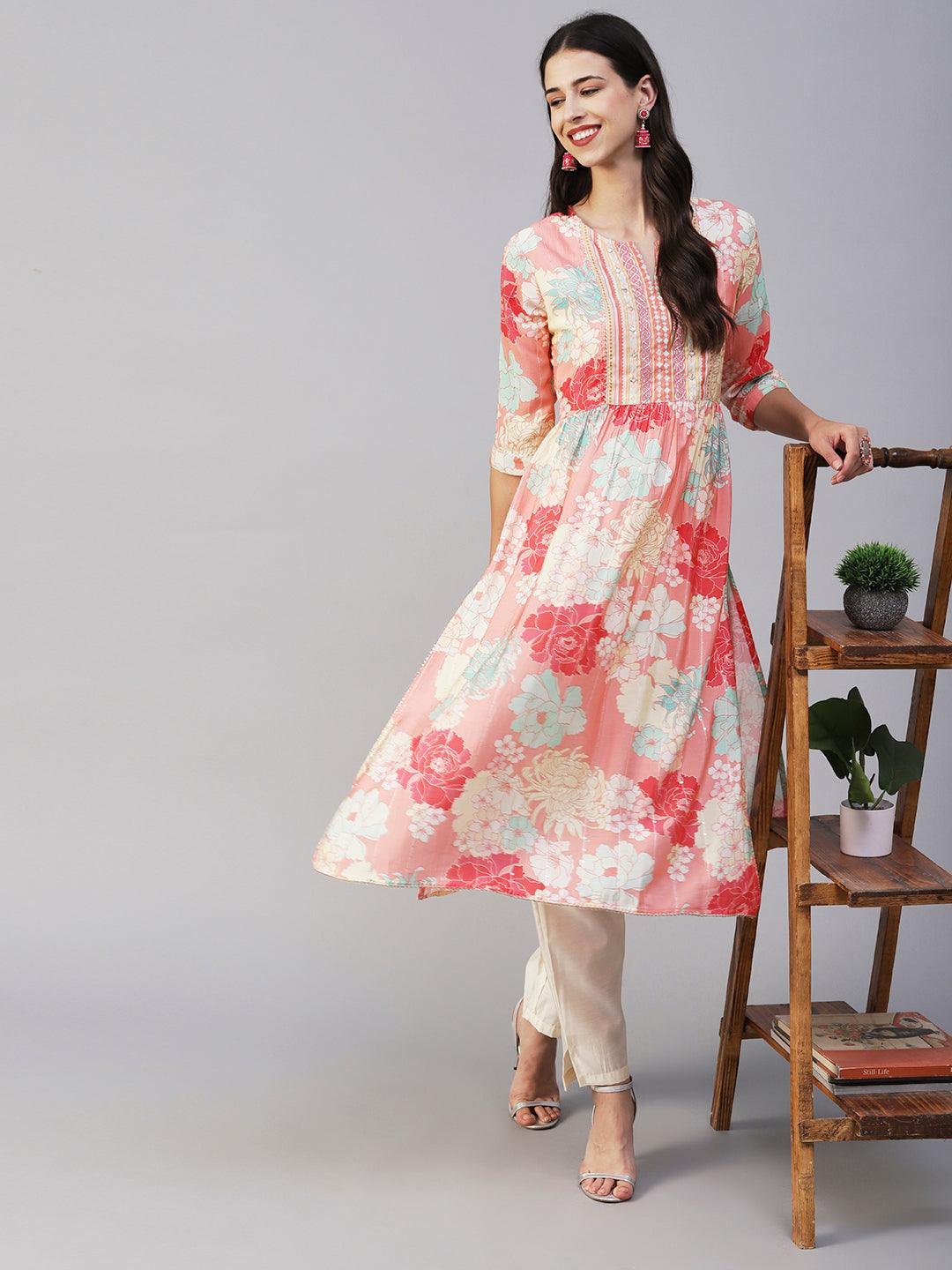 Floral Printed Lurex Striped Mirror & Zari Embroidered Kurta With Pants - Peach & Multi - Indiakreations