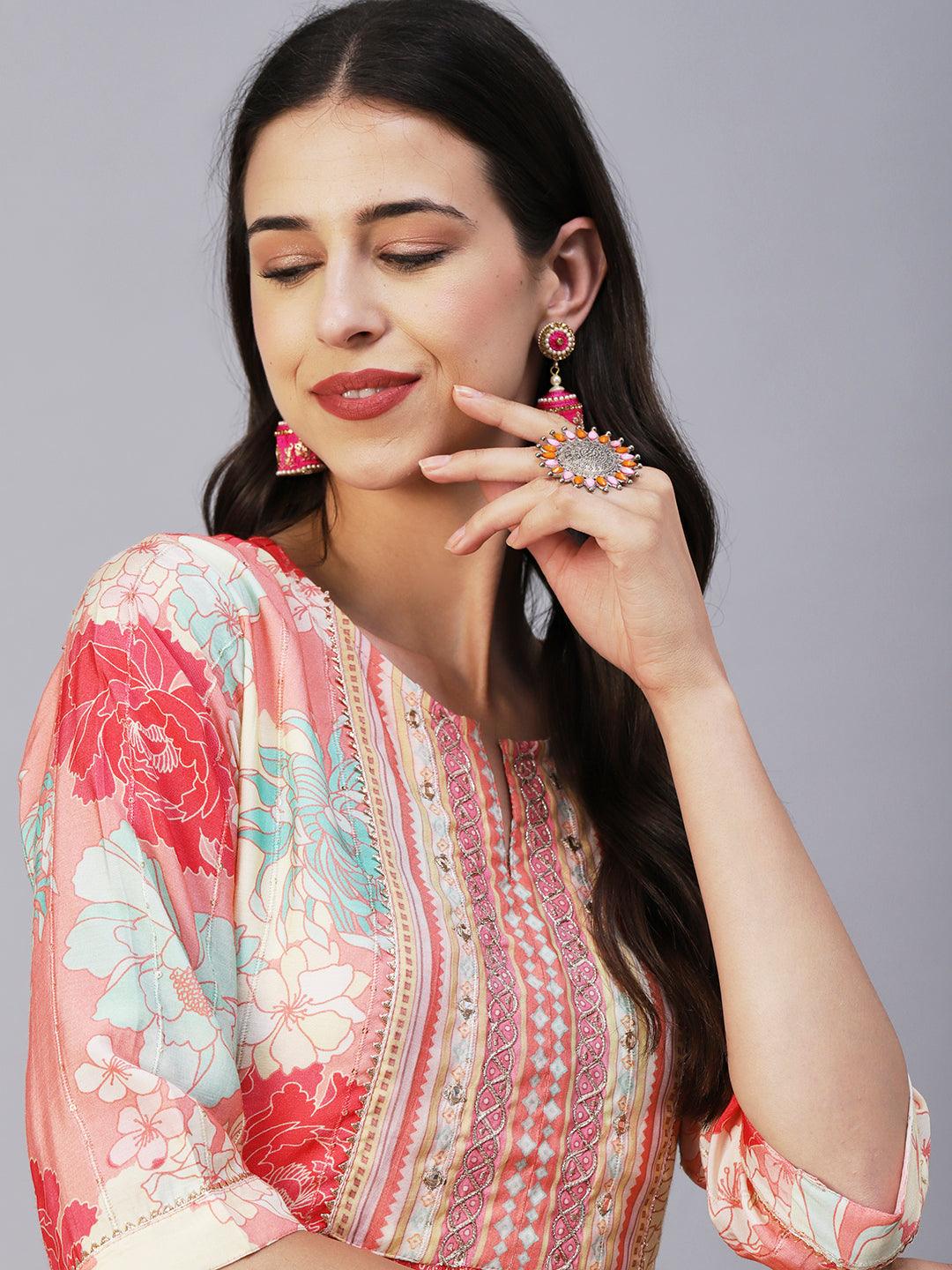 Floral Printed Lurex Striped Mirror & Zari Embroidered Kurta With Pants - Peach & Multi - Indiakreations