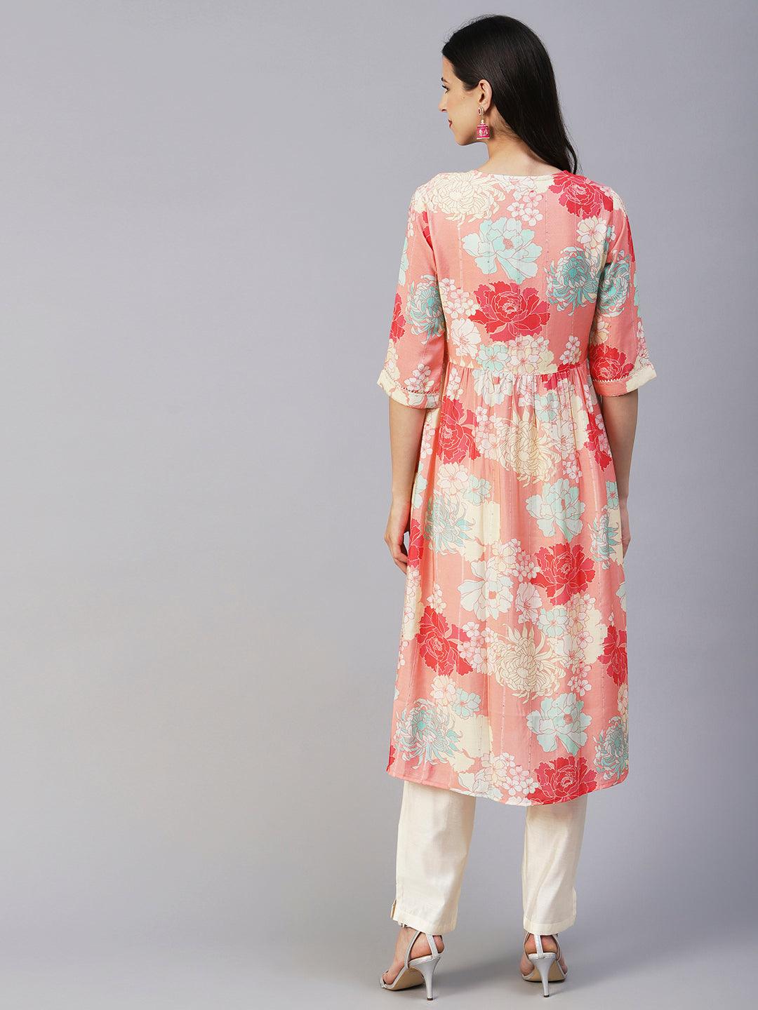 Floral Printed Lurex Striped Mirror & Zari Embroidered Kurta With Pants - Peach & Multi - Indiakreations