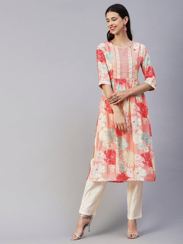 Floral Printed Lurex Striped Mirror & Zari Embroidered Kurta With Pants - Peach & Multi - Indiakreations