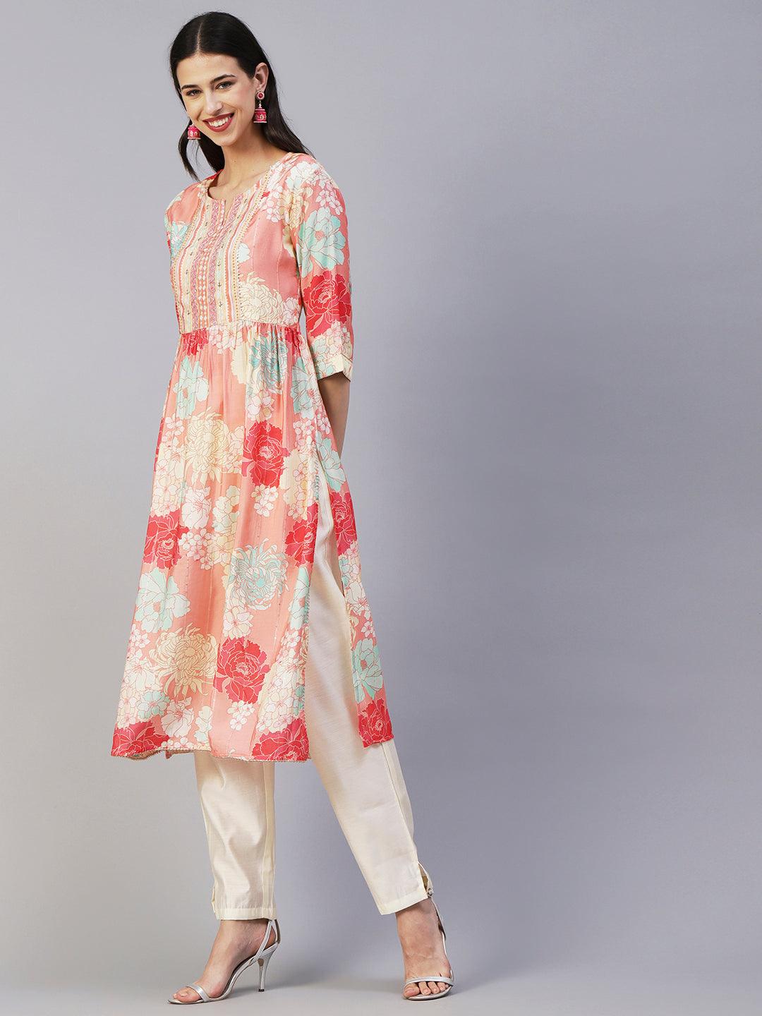 Floral Printed Lurex Striped Mirror & Zari Embroidered Kurta With Pants - Peach & Multi - Indiakreations