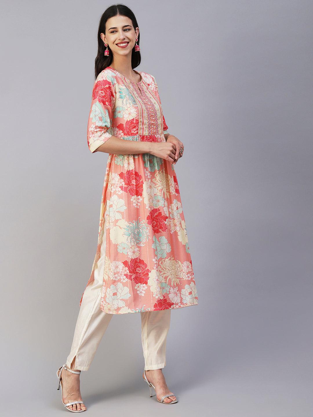 Floral Printed Lurex Striped Mirror & Zari Embroidered Kurta With Pants - Peach & Multi - Indiakreations