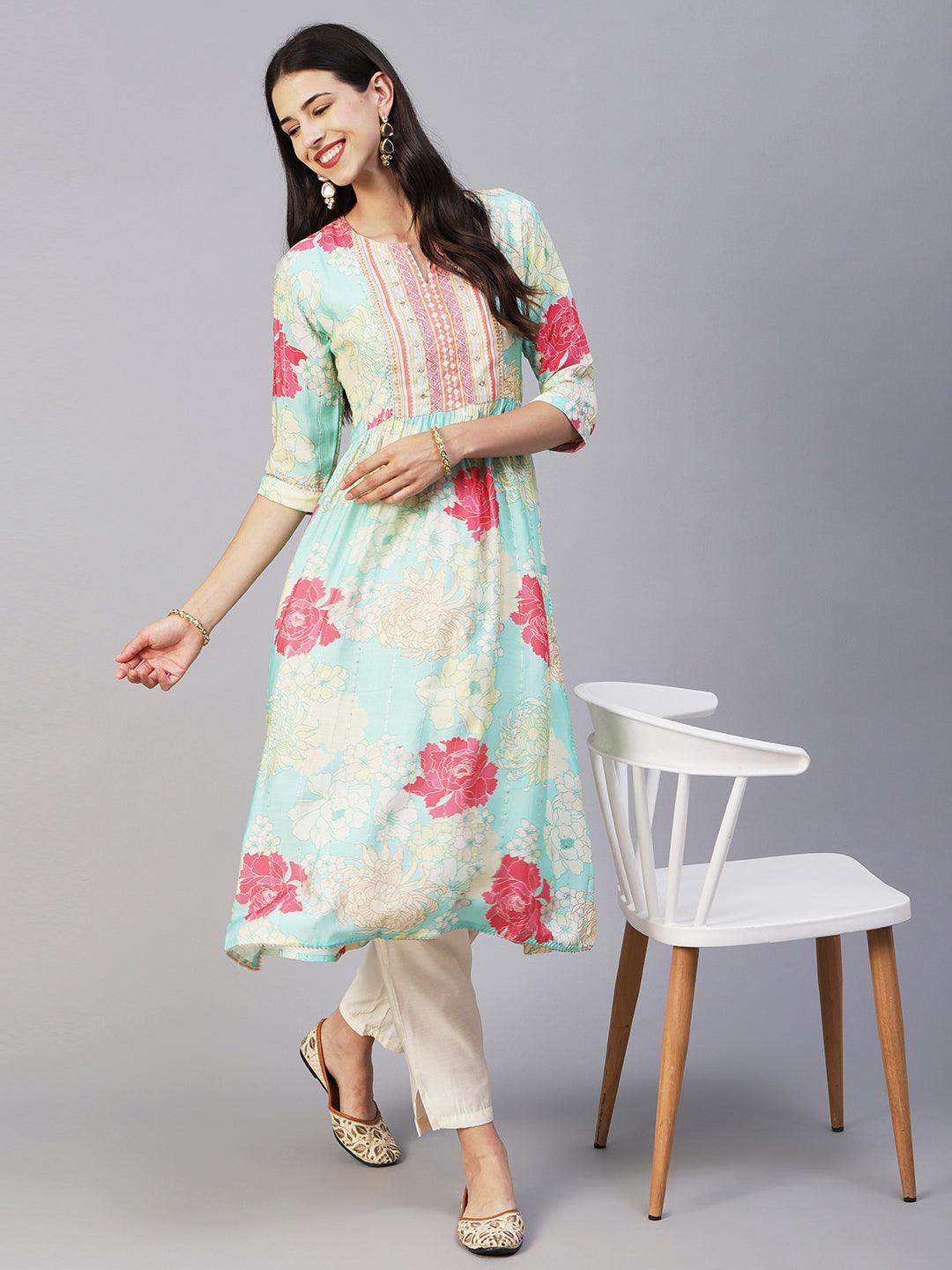 Floral Printed Lurex Striped Mirror & Zari Embroidered Kurta With Pants - Sea Green & Multi - Indiakreations