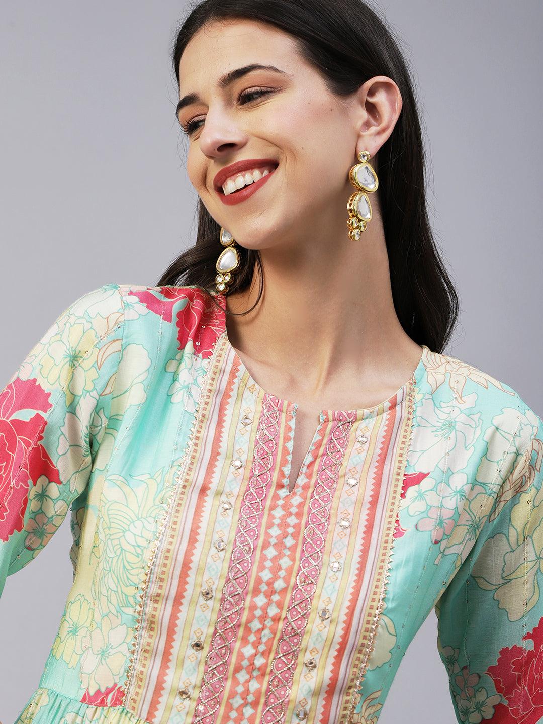 Floral Printed Lurex Striped Mirror & Zari Embroidered Kurta With Pants - Sea Green & Multi - Indiakreations