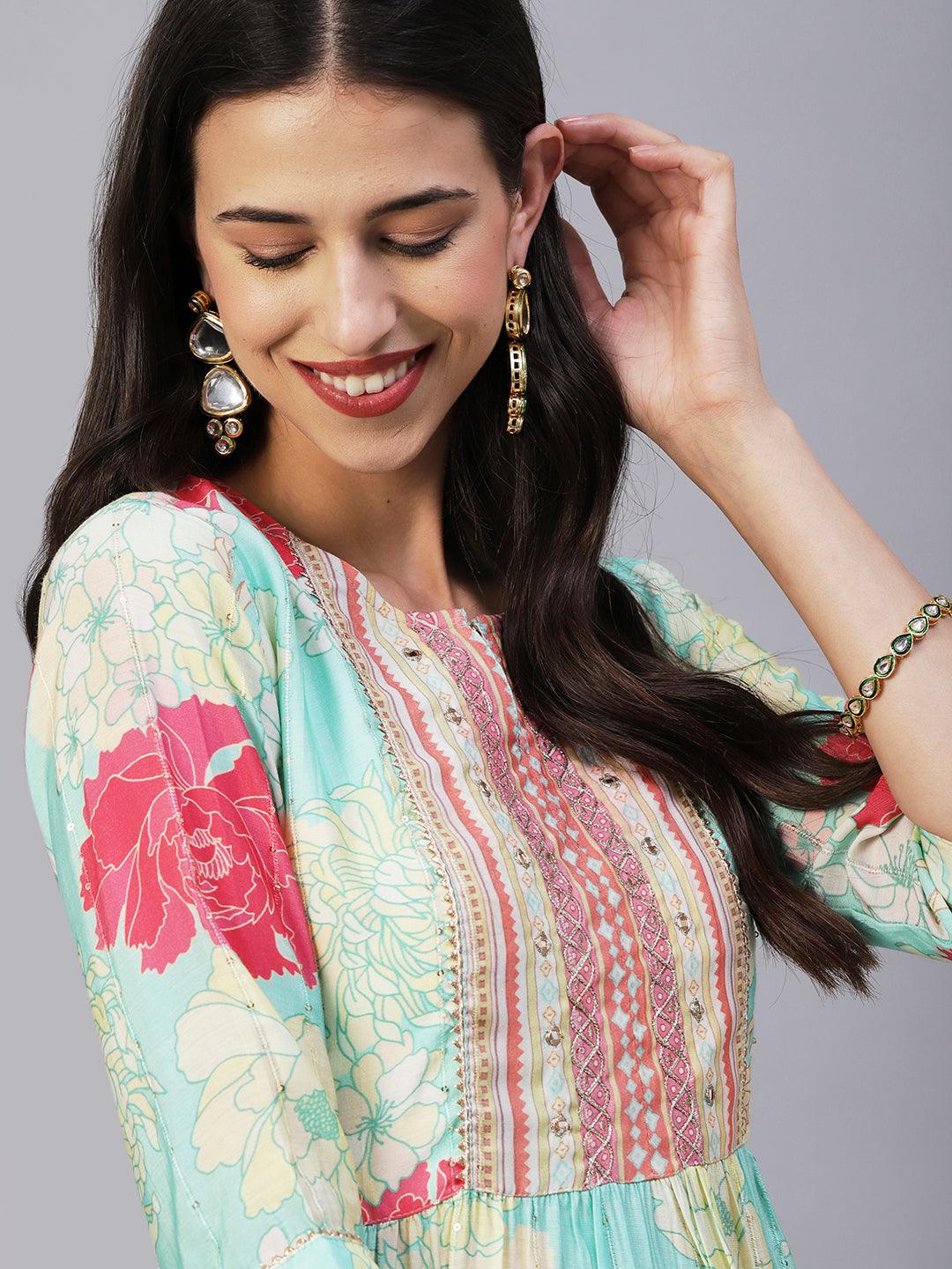 Floral Printed Lurex Striped Mirror & Zari Embroidered Kurta With Pants - Sea Green & Multi - Indiakreations