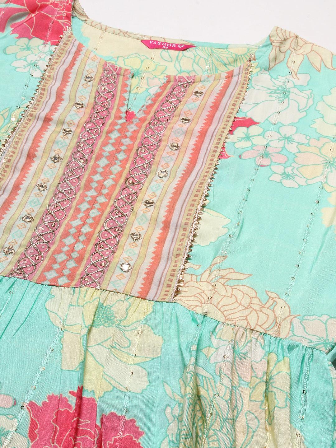 Floral Printed Lurex Striped Mirror & Zari Embroidered Kurta With Pants - Sea Green & Multi - Indiakreations