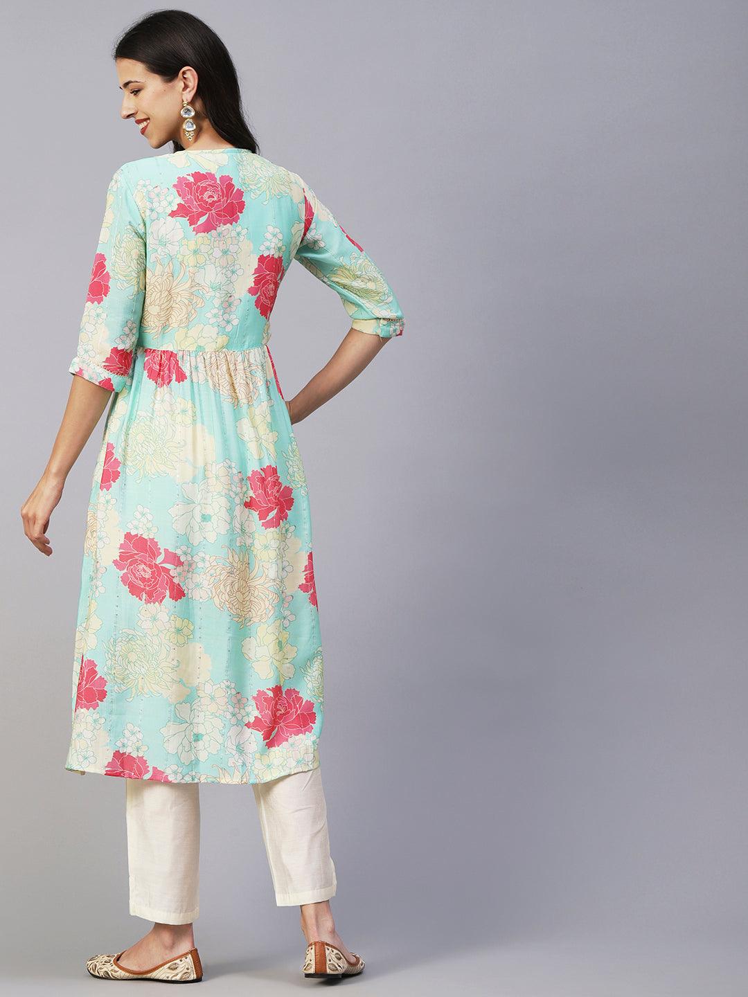 Floral Printed Lurex Striped Mirror & Zari Embroidered Kurta With Pants - Sea Green & Multi - Indiakreations