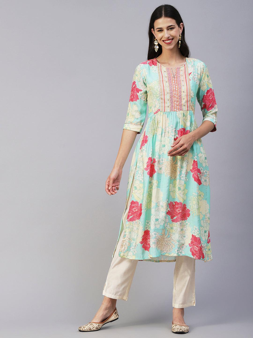 Floral Printed Lurex Striped Mirror & Zari Embroidered Kurta With Pants - Sea Green & Multi - Indiakreations