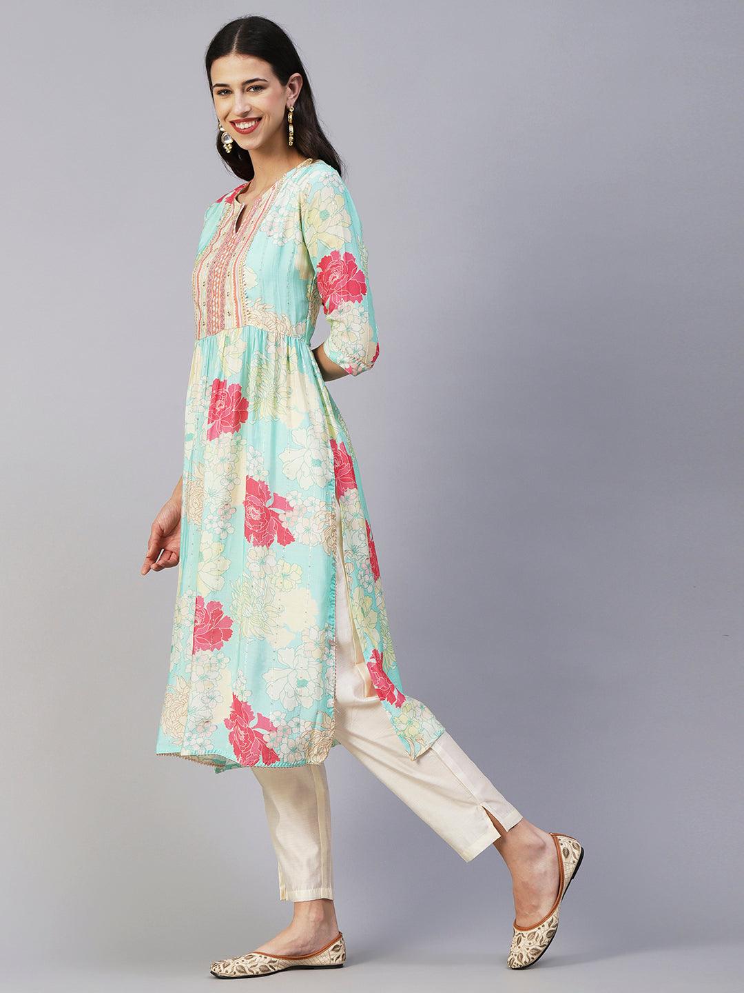 Floral Printed Lurex Striped Mirror & Zari Embroidered Kurta With Pants - Sea Green & Multi - Indiakreations