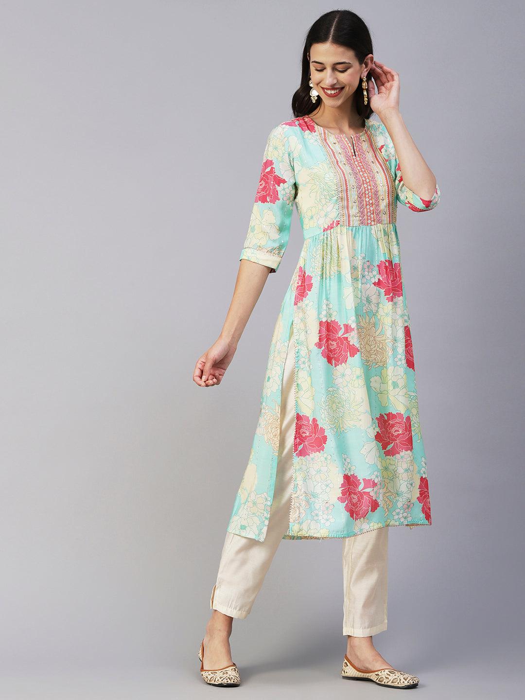 Floral Printed Lurex Striped Mirror & Zari Embroidered Kurta With Pants - Sea Green & Multi - Indiakreations