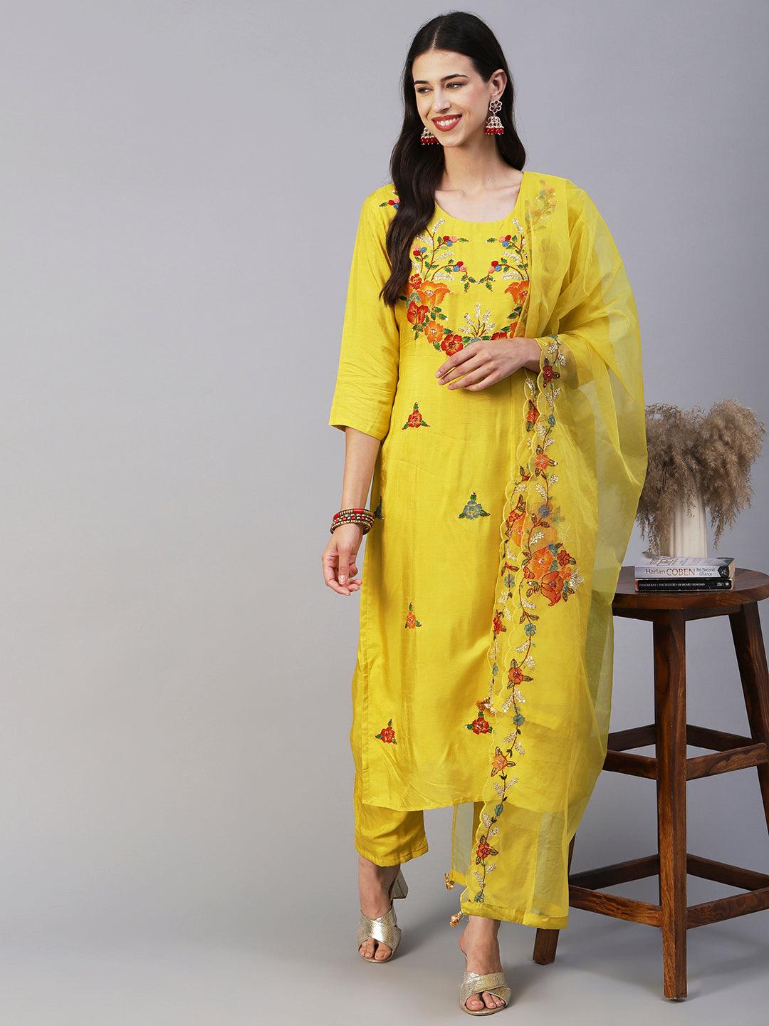 Hand Painted Resham & Sequins Embroidered Kurta With Pants & Hand Painted Dupatta - Yellow - Indiakreations