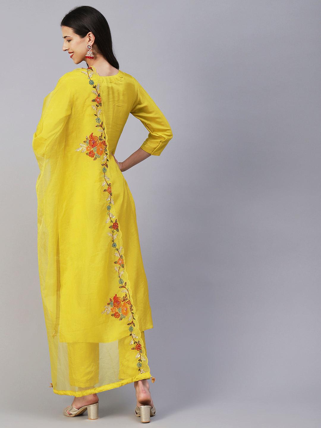 Hand Painted Resham & Sequins Embroidered Kurta With Pants & Hand Painted Dupatta - Yellow - Indiakreations