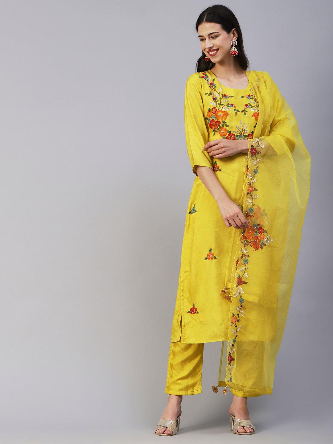 Hand Painted Resham & Sequins Embroidered Kurta With Pants & Hand Painted Dupatta - Yellow - Indiakreations