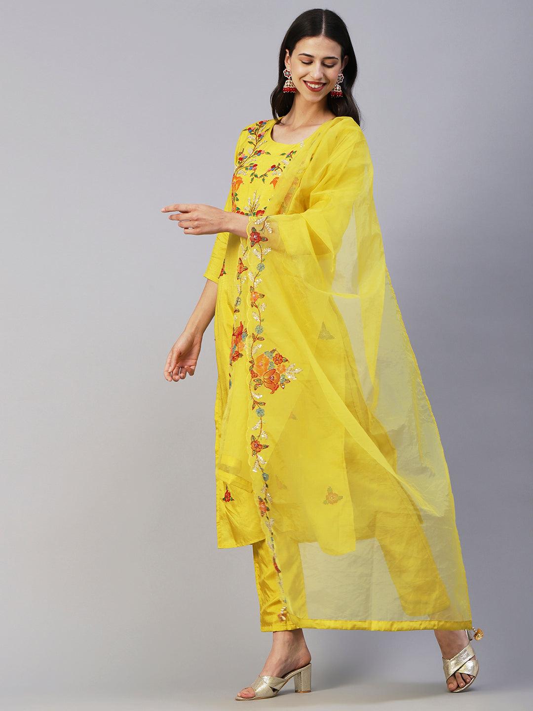 Hand Painted Resham & Sequins Embroidered Kurta With Pants & Hand Painted Dupatta - Yellow - Indiakreations