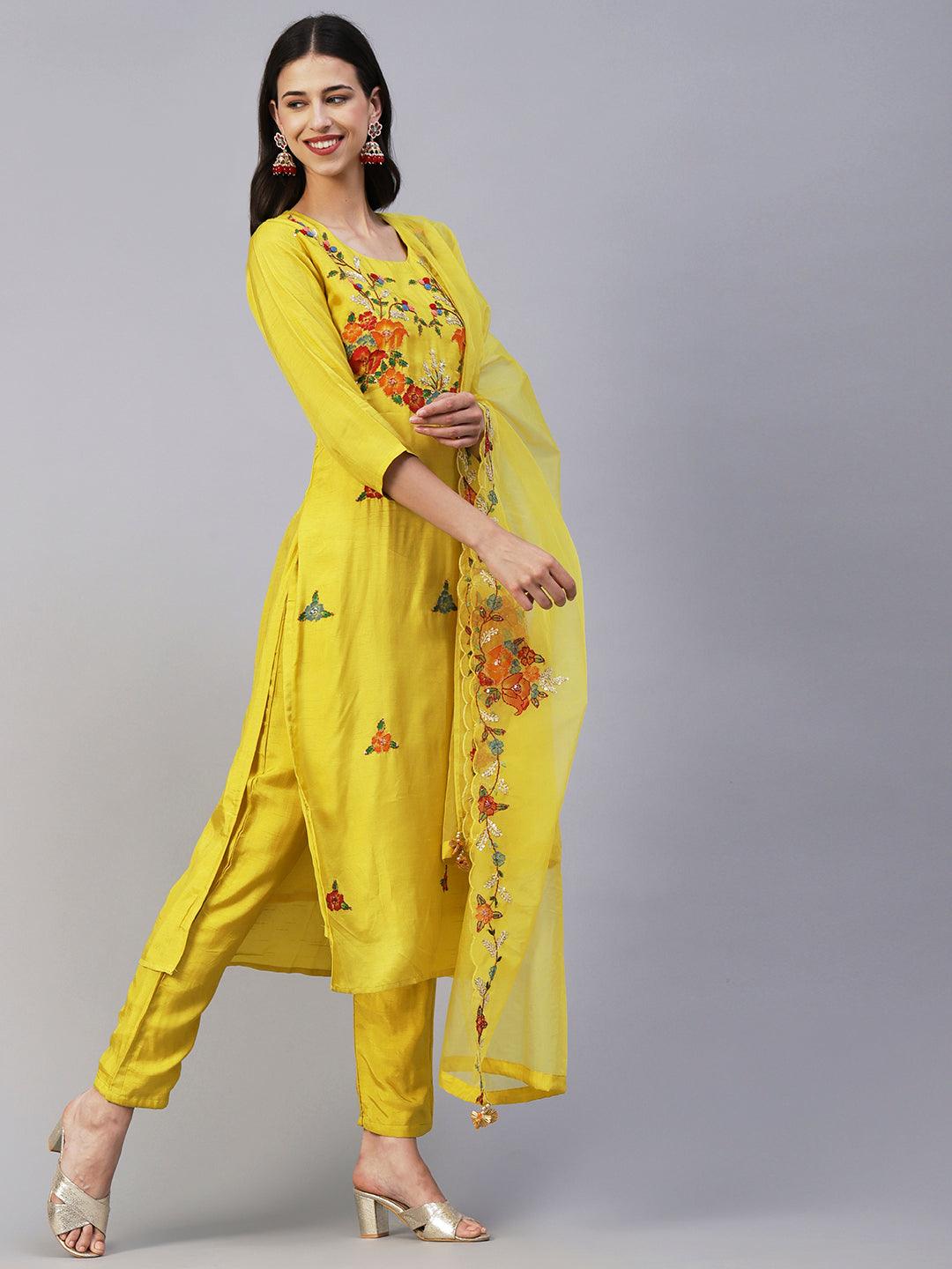 Hand Painted Resham & Sequins Embroidered Kurta With Pants & Hand Painted Dupatta - Yellow - Indiakreations