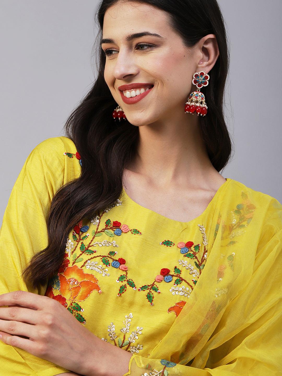 Hand Painted Resham & Sequins Embroidered Kurta With Pants & Hand Painted Dupatta - Yellow - Indiakreations