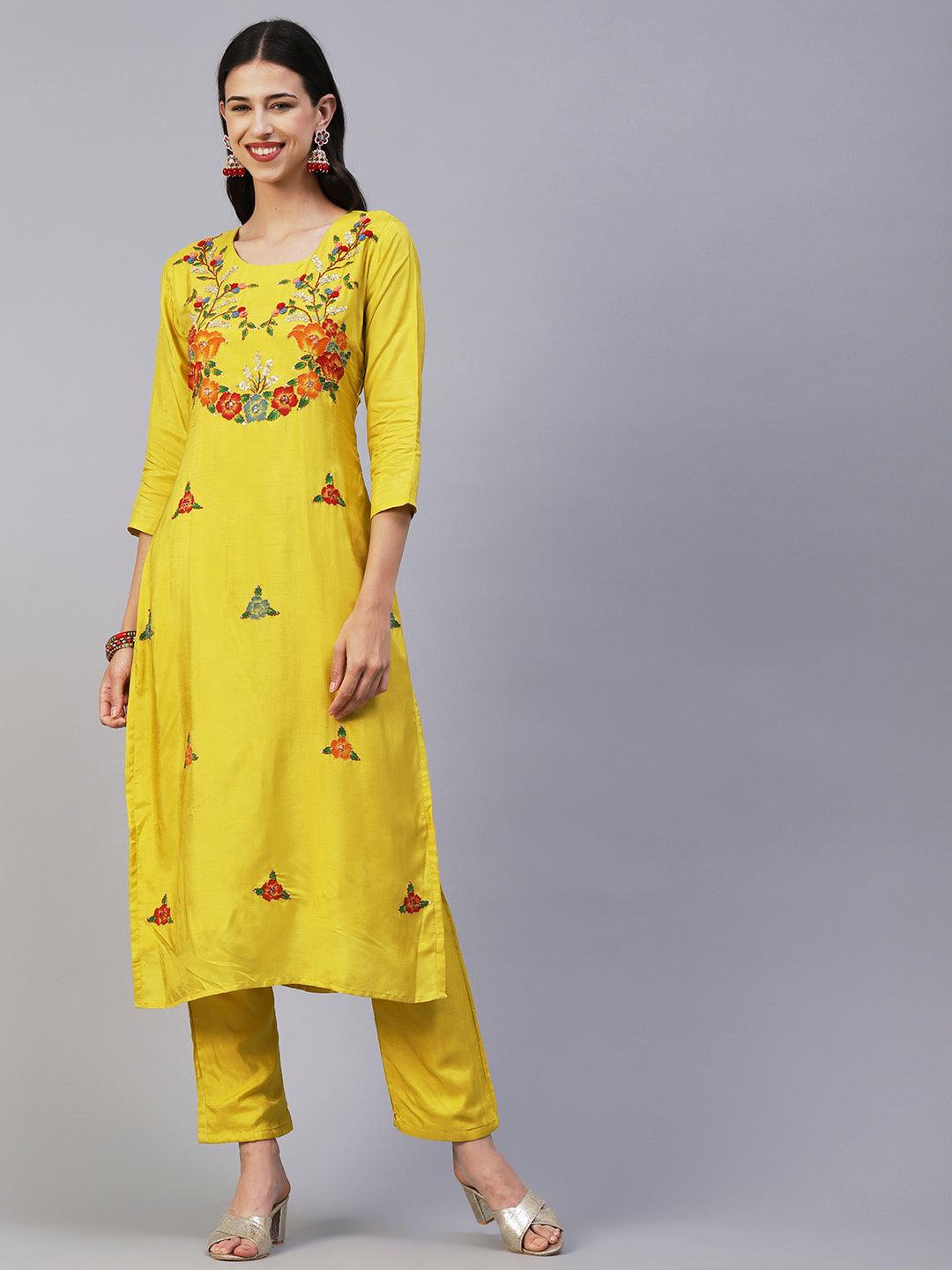 Hand Painted Resham & Sequins Embroidered Kurta With Pants & Hand Painted Dupatta - Yellow - Indiakreations