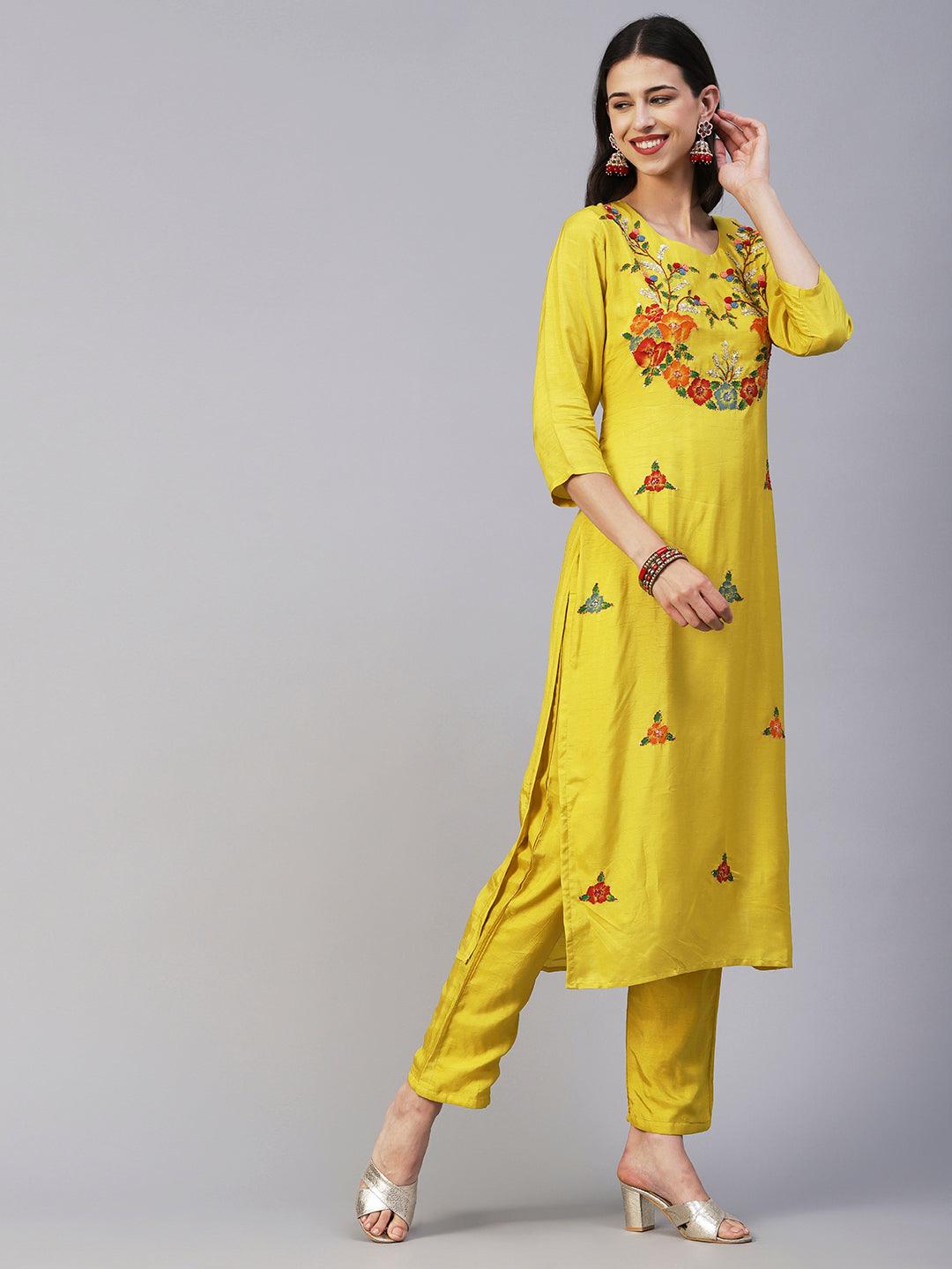 Hand Painted Resham & Sequins Embroidered Kurta With Pants & Hand Painted Dupatta - Yellow - Indiakreations