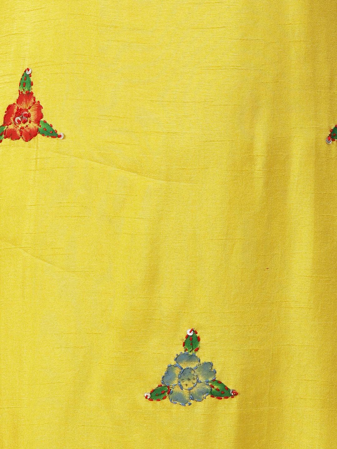 Hand Painted Resham & Sequins Embroidered Kurta With Pants & Hand Painted Dupatta - Yellow - Indiakreations