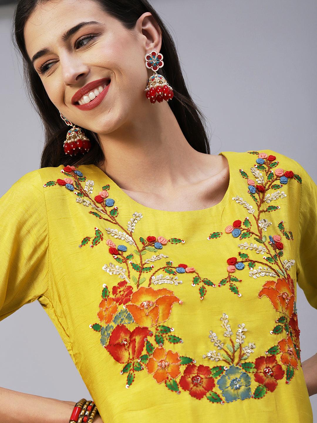 Hand Painted Resham & Sequins Embroidered Kurta With Pants & Hand Painted Dupatta - Yellow - Indiakreations