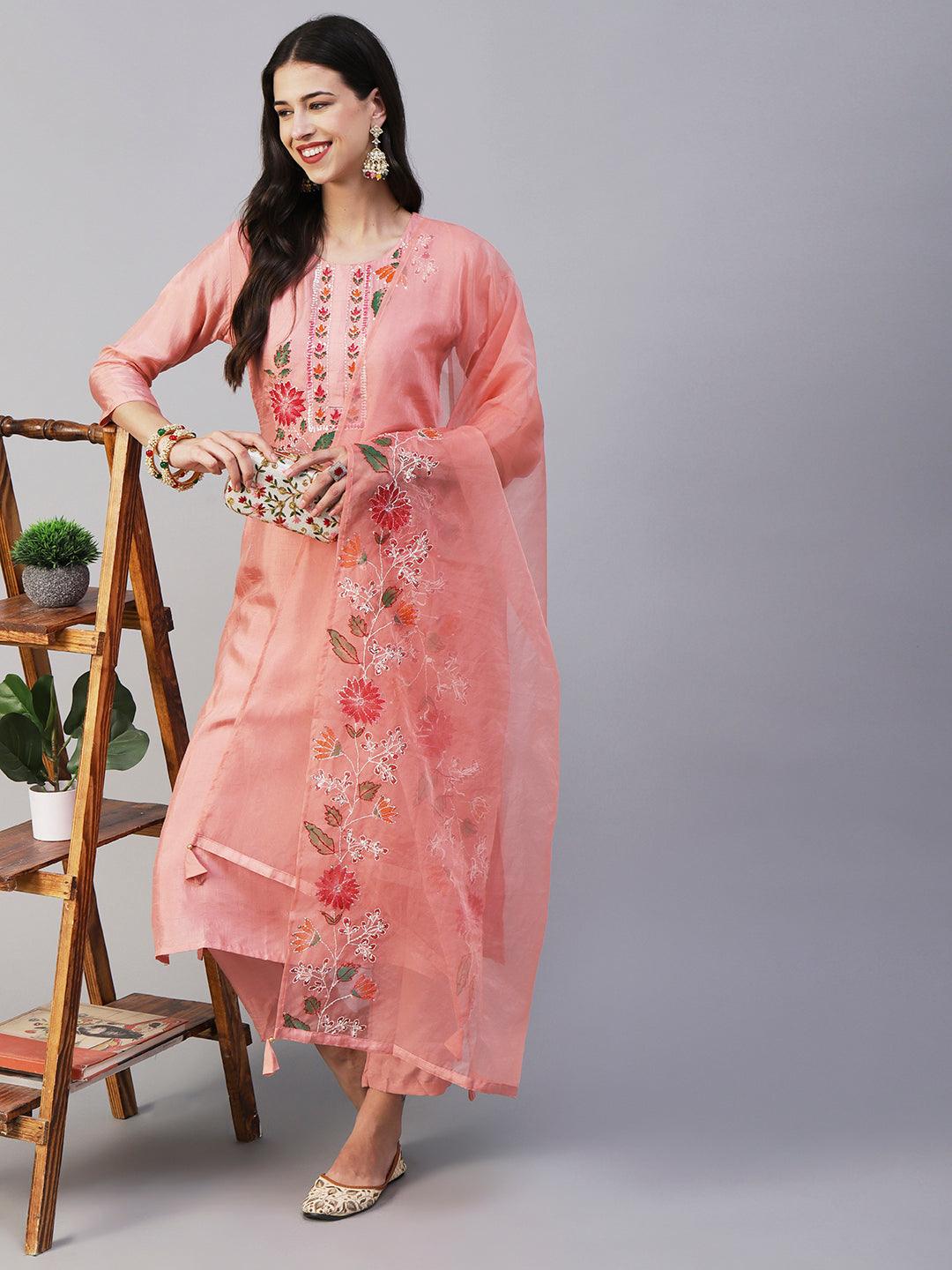 Floral Hand Painted Kantha Embroidered Kurta With Pants & Embroidered Dupatta - Peach - Indiakreations