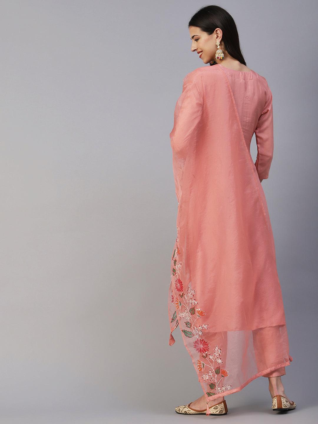 Floral Hand Painted Kantha Embroidered Kurta With Pants & Embroidered Dupatta - Peach - Indiakreations