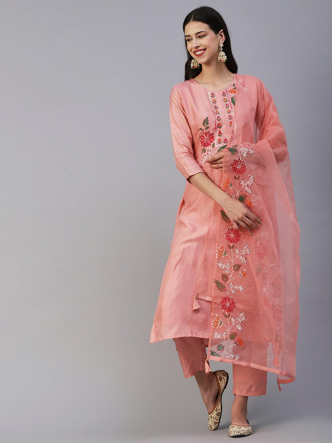 Floral Hand Painted Kantha Embroidered Kurta With Pants & Embroidered Dupatta - Peach - Indiakreations