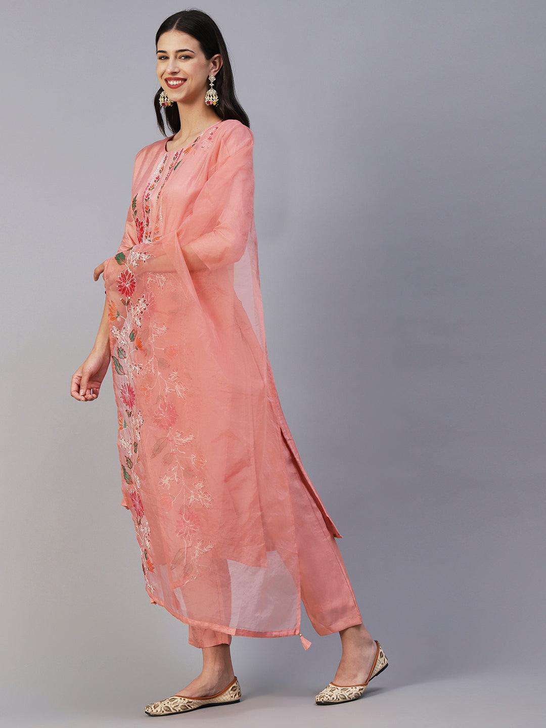 Floral Hand Painted Kantha Embroidered Kurta With Pants & Embroidered Dupatta - Peach - Indiakreations