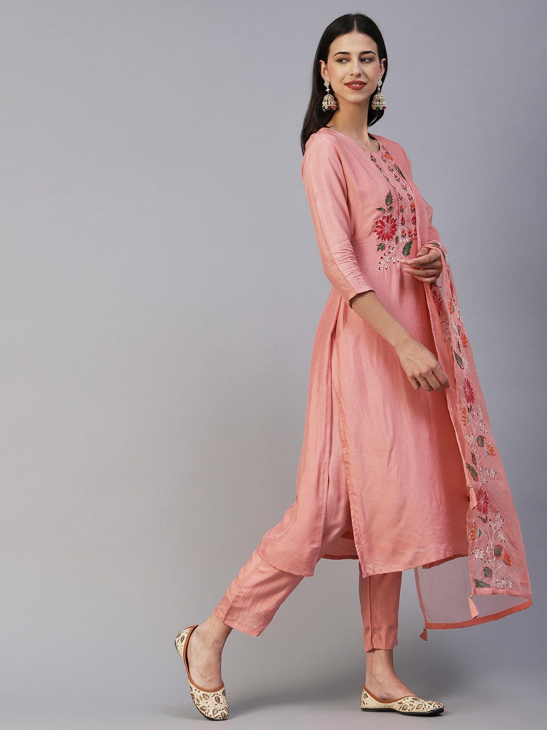 Floral Hand Painted Kantha Embroidered Kurta With Pants & Embroidered Dupatta - Peach - Indiakreations