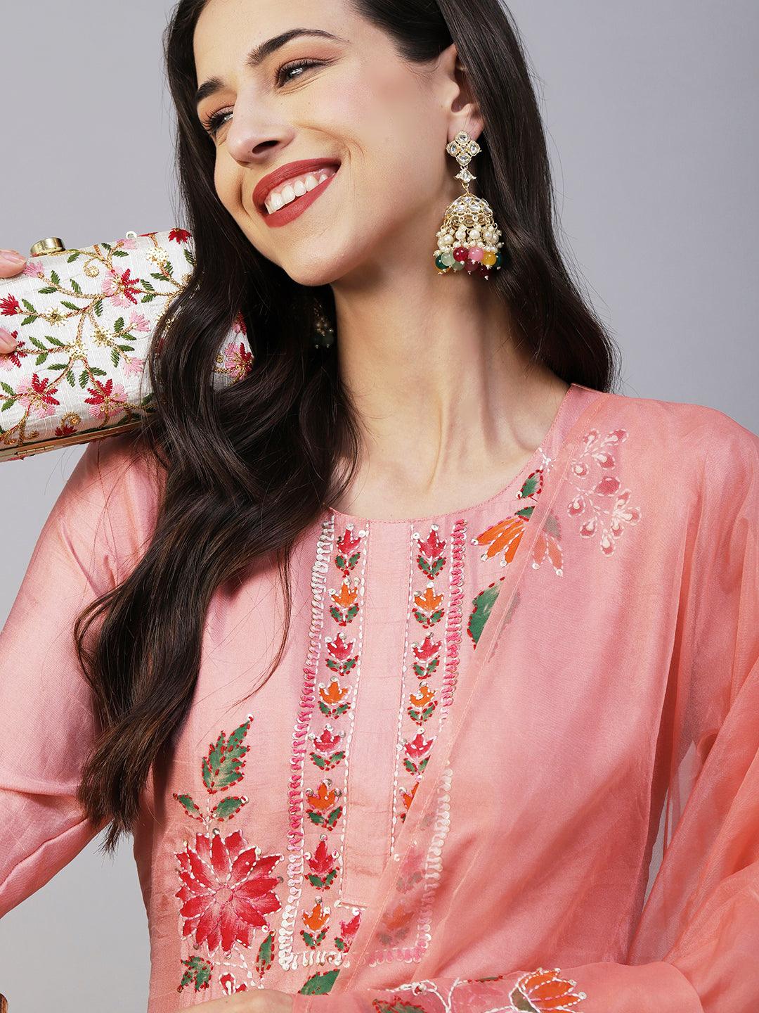 Floral Hand Painted Kantha Embroidered Kurta With Pants & Embroidered Dupatta - Peach - Indiakreations