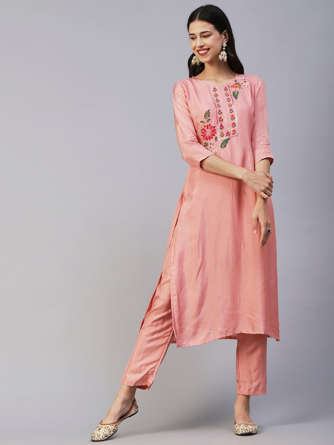 Floral Hand Painted Kantha Embroidered Kurta With Pants & Embroidered Dupatta - Peach - Indiakreations