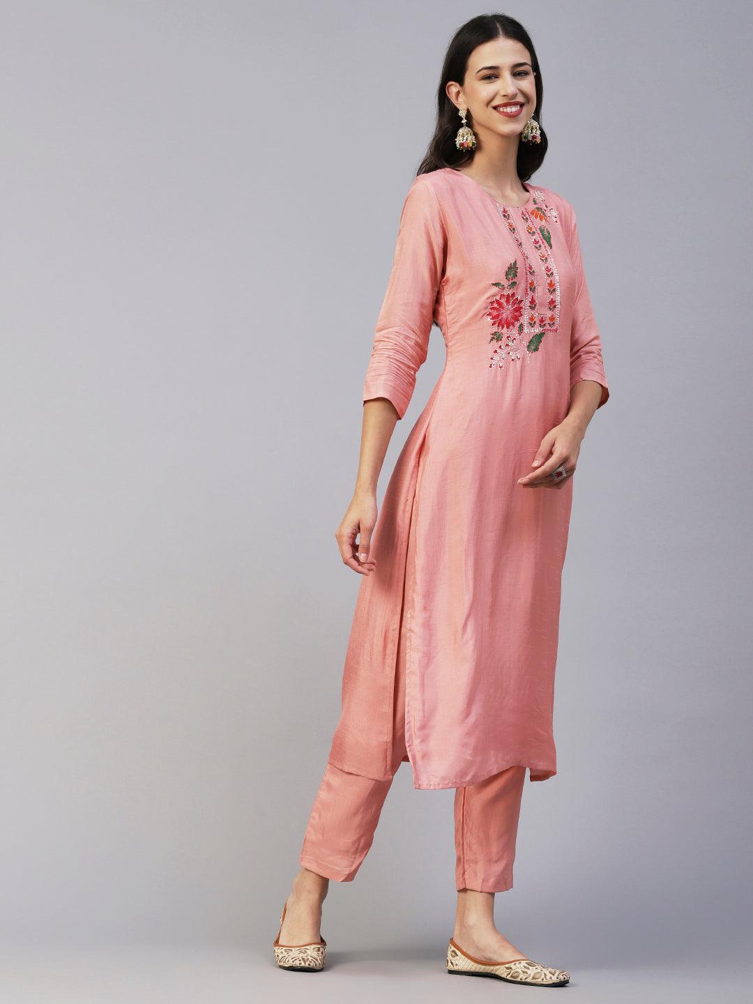 Floral Hand Painted Kantha Embroidered Kurta With Pants & Embroidered Dupatta - Peach - Indiakreations