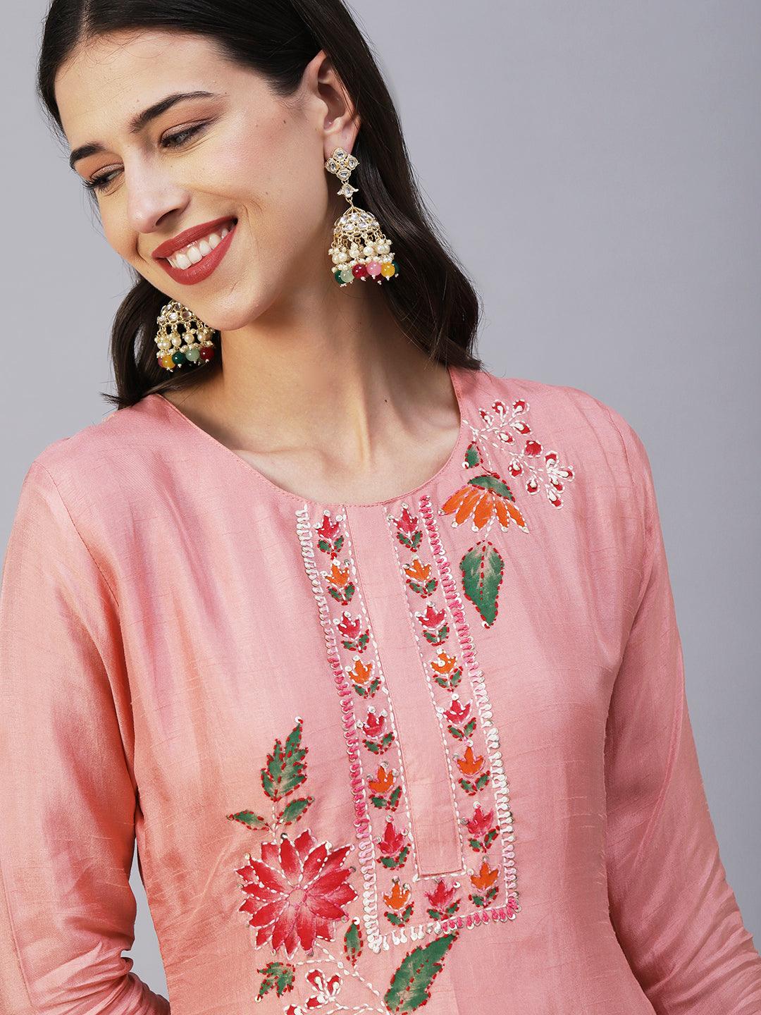 Floral Hand Painted Kantha Embroidered Kurta With Pants & Embroidered Dupatta - Peach - Indiakreations