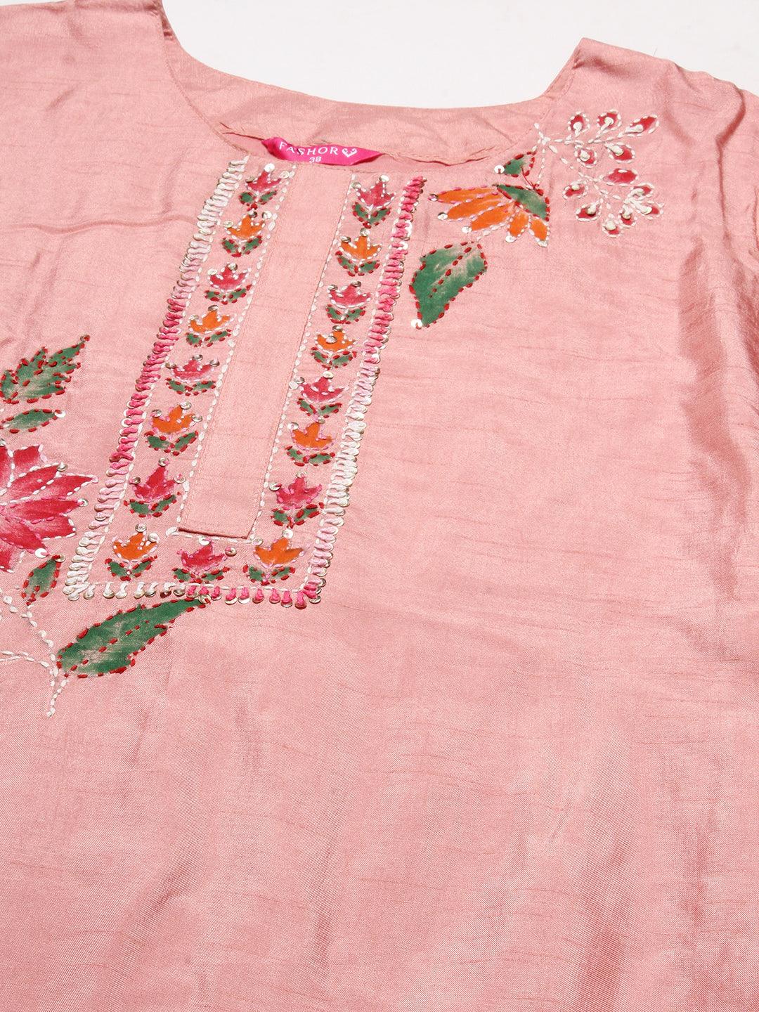 Floral Hand Painted Kantha Embroidered Kurta With Pants & Embroidered Dupatta - Peach - Indiakreations