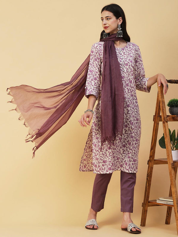 Floral Block Printed Sequins & Zari Embroidered Kurta With Pants & Dupatta - White & Purple - Indiakreations