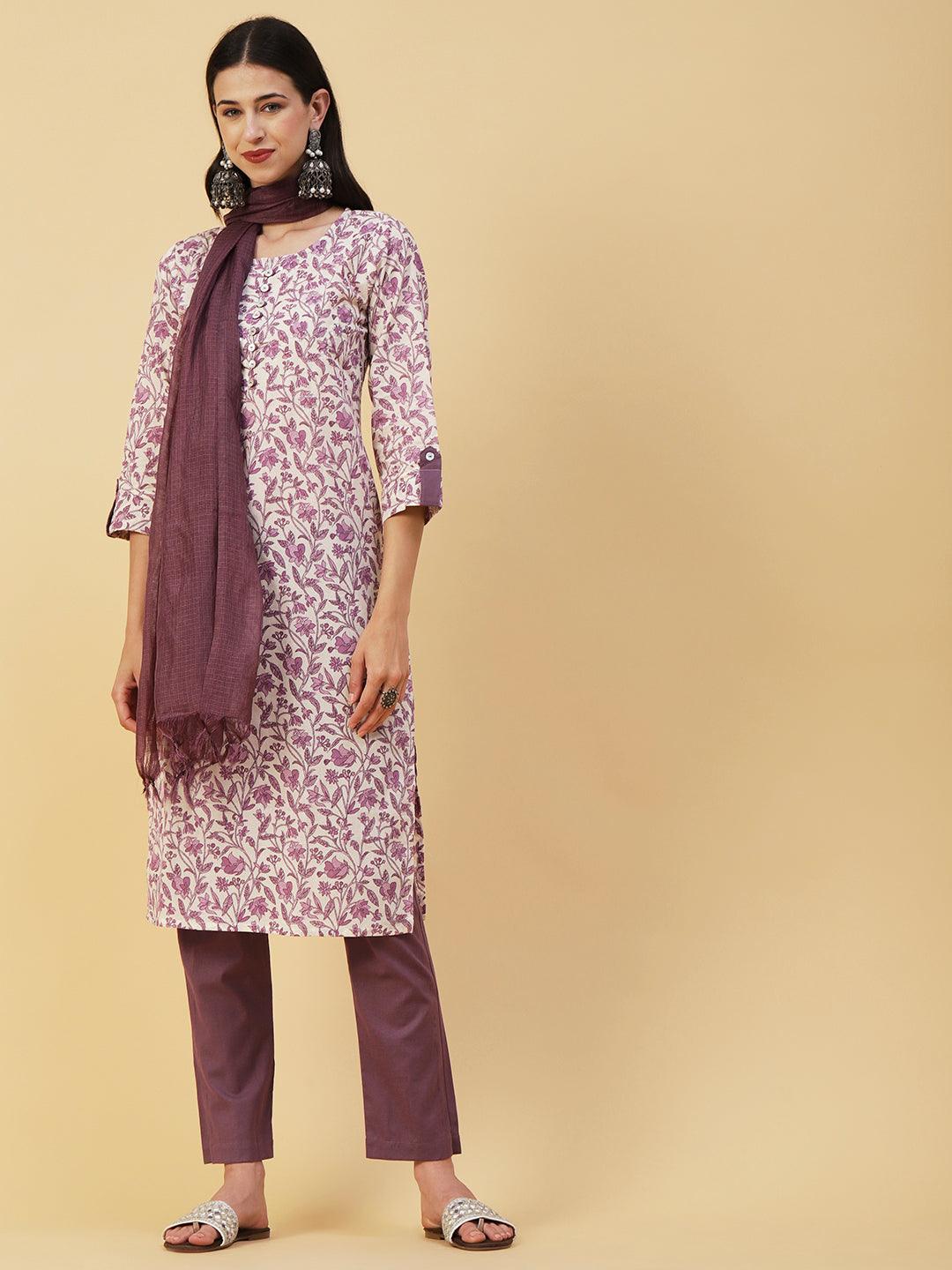 Floral Block Printed Sequins & Zari Embroidered Kurta With Pants & Dupatta - White & Purple - Indiakreations