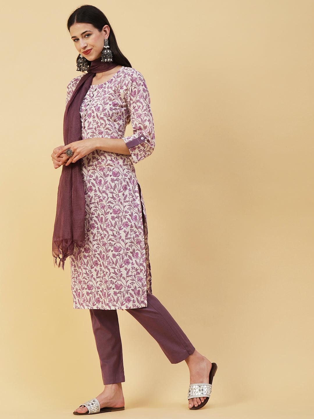 Floral Block Printed Sequins & Zari Embroidered Kurta With Pants & Dupatta - White & Purple - Indiakreations